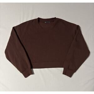 ZARA Women's Cropped Crewneck Sweatshirt Brown Pullover Size S